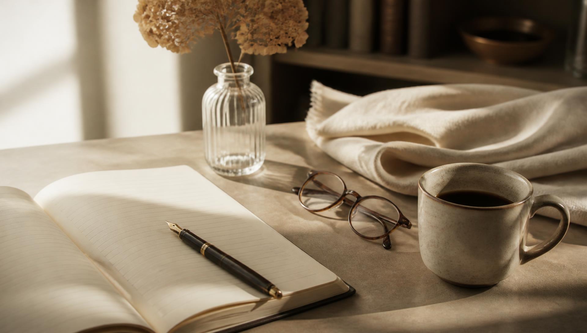 A quiet writing desk in soft morning light: an open notebook, fountain pen, coffee, reading glasses, and dried hydrangea